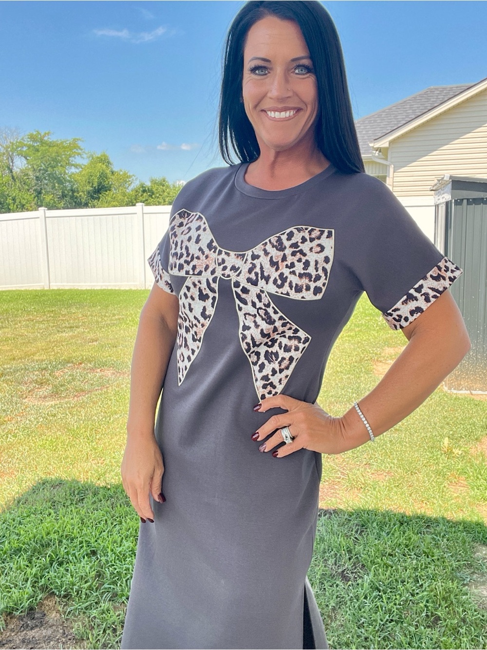 Charcoal Midi Dress with Leopard Bow Accent
